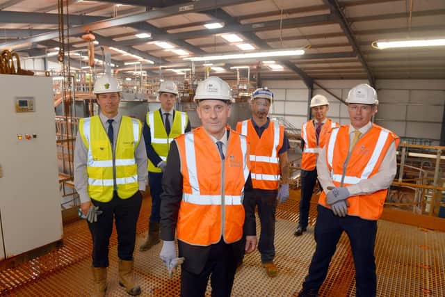 Lord Callanan, Parliamentary Under Secretary of State at the Department for Business, Energy and Industrial Strategy visits the Dawdon Mine Water Treatment plant as part of the Seaham Garden Village development with Durham County Council Councillor Mark Wilkes, right, and development plans representatives.