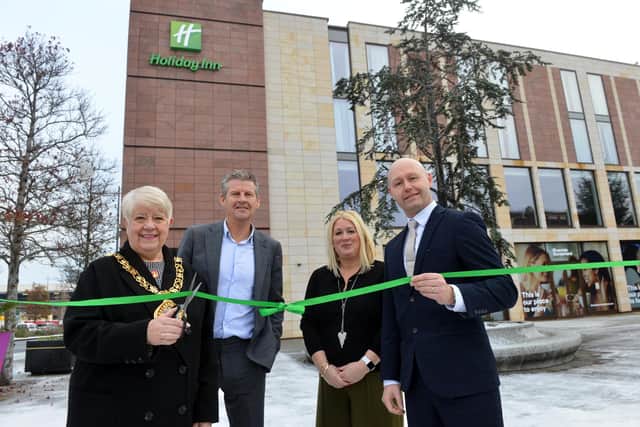 Mayor of Sunderland Councillor Alison Smith officially opens the new Holiday Inn Sunderland in Keel Square with general manager Rob Dixon, Steve Cram CBE and chief executive at Sunderland BID Sharon Appleby.