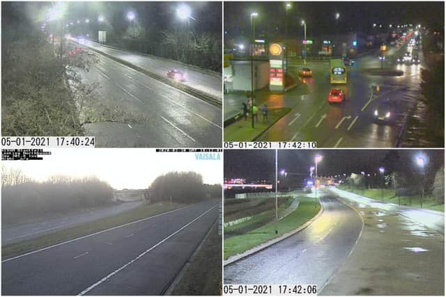 Clockwise from top left: the A690 Houghton Cut; Chester Road at its junction with Springwell Road; the southern approach to the Northern Spire bridge, and the A194(M) southbound sliproad to the A1M at Washington. Pics: North East Traffic Cameras