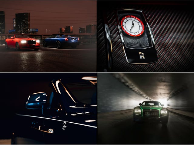 CANVAS: BLACK BADGE│MEDIUM: COLOUR
A Collection of two Black Badge Dawns and nine Black Badge Wraiths were commissioned for the United Arab Emirates. Boasting bold colour combinations and technical fibre, the Sportive Collection encapsulates Black Badge’s expressive and unapologetic nature.
In an innovative first for Rolls-Royce, the interior features a technical fibre fascia that has been intertwined with a coloured weave to match the vibrant exterior colour combinations. The hand-painted Coachlines feature a unique ‘Sportive’ motif, while woven-leather door panniers and engraved Bespoke audio frets further add to the dynamic ambience of the Collection.