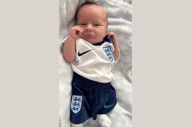 Three-week-old Luca arrived just in time to cheer on England in the World Cup.