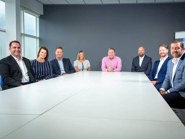 The GAS management team. From left to right, Matt Herrell, group finance director, Victoria Walton, head of resource and talent, Robbie Shearer, associate director, UKI field, Judith Bennison, group HR Director, Brad Groves, chief executive, Mark Jones, associate director, UKI enterprise, Craig Shields, head of quality and risk, and Phil Andrew, associate director, UKI corporate.