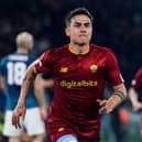 AS Roma's Argentinian forward Paulo Dybala celebrates after scoring his side's second goal during the UEFA Europa League quarter-finals second leg football match between AS Rome and Feyenoord Rotterdam on April 20, 2023 at the Olympic stadium in Rome. (Photo by Filippo MONTEFORTE / AFP) (Photo by FILIPPO MONTEFORTE/AFP via Getty Images)