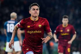 AS Roma's Argentinian forward Paulo Dybala celebrates after scoring his side's second goal during the UEFA Europa League quarter-finals second leg football match between AS Rome and Feyenoord Rotterdam on April 20, 2023 at the Olympic stadium in Rome. (Photo by Filippo MONTEFORTE / AFP) (Photo by FILIPPO MONTEFORTE/AFP via Getty Images)