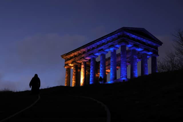 Penshaw monument lit in the national colours of Ukraine