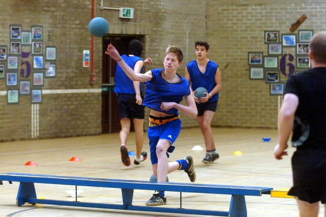 Action from a pupils v staff charity dodge ball match at St. Leonards RC School Durham in 2012.