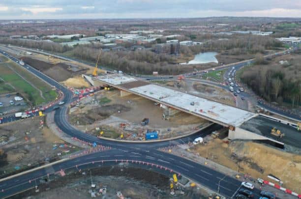 A drone image taken by Highways England as work is carried out at Testo's Roundabout.