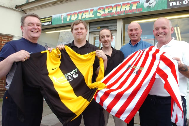 Darren Grant and Keith Reiling from Total Sport were pictured in 2007. That's the year when Total Sport sponsored two football clubs - The Sportsmans Arms and the Dagmar Club - with new shirts.
Mick Grant, left, Ken Drysdale and Nicky Pemberton, right were representing the clubs.