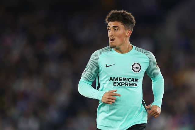 LEICESTER, ENGLAND - OCTOBER 27: Haydon Roberts of Brighton & Hove Albion during the Carabao Cup Round of 16 match between Leicester City and Brighton & Hove Albion at The King Power Stadium on October 27, 2021 in Leicester, England. (Photo by James Williamson - AMA/Getty Images)