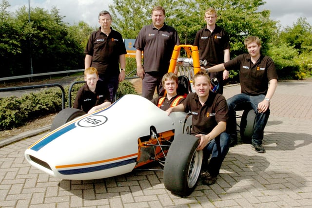 The Sunderland University Formula Student Team with their car they were racing at Silverstone in 2009. Pictured left to right are Mark Davies, Mark Ashcroft, David Meyerowitz
Dan Thompson and Chris Greaves. plus Stephen Johnson tech, Support and David Baglee project manager.