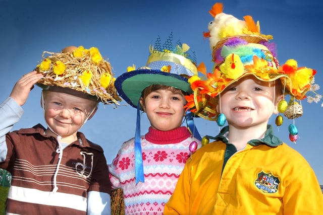 Joseph Collinson, Jessica Dixon and Joshua Pinkney proudly sport their Easter bonnets at Seaham Harbour Nursery in 2006.