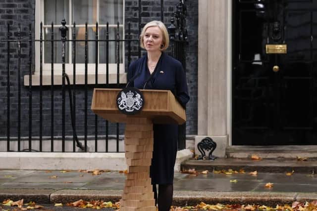 Outgoing Prime Minister Liz Truss speaks outside 10 Downing Street on Thursday, confirming her resignation. Picture: Dan Kitwood/Getty Images.