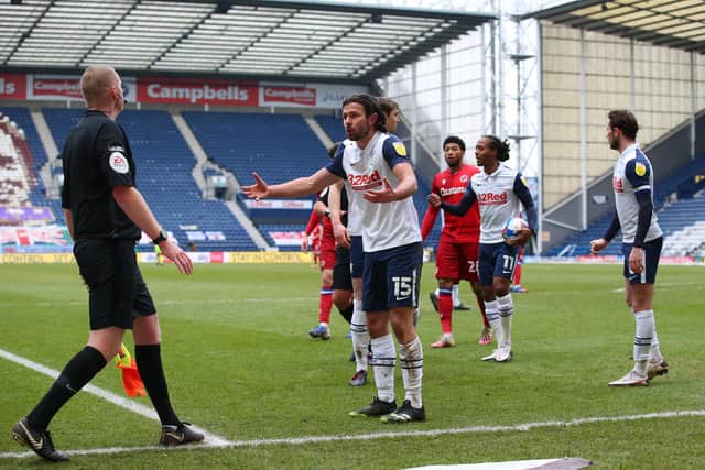 PRESTON, ENGLAND - JANUARY 24: Joe Rafferty of Preston North End appeals after a penalty is rewarded to Reading during the Sky Bet Championship match between Preston North End and Reading at Deepdale on January 24, 2021 in Preston, England. Sporting stadiums around the UK remain under strict restrictions due to the Coronavirus Pandemic as Government social distancing laws prohibit fans inside venues resulting in games being played behind closed doors. (Photo by Alex Livesey/Getty Images)