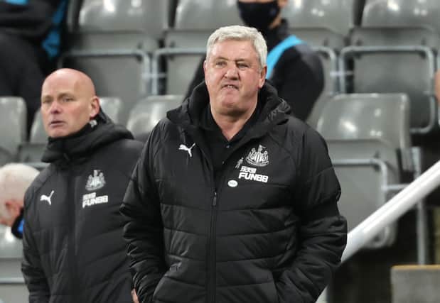 Steve Bruce, manager of Newcastle United, reacts during the Premier League match against Aston Villa at St. James Park.