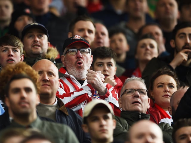 Sunderland fas fans are seen during the Barclays Premier League match between Stoke City and Sunderland at the Britannia Stadium on April 30, 2016.