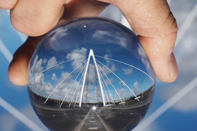 A view of the Northern Spire Bridge in Sunderland taken through the Lensball. Picture by FRANK REID