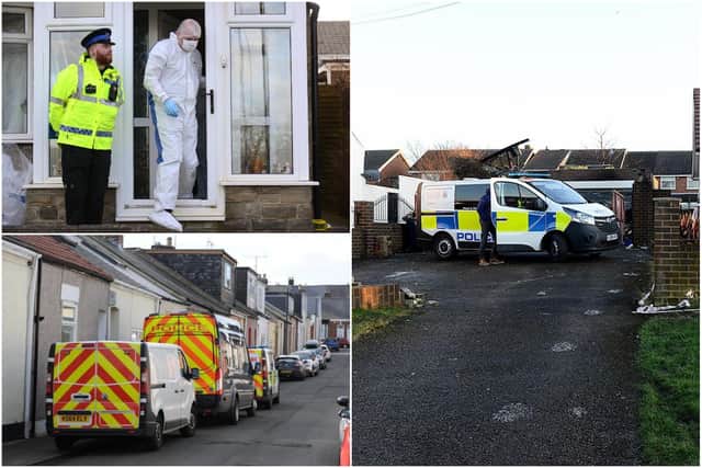 Pictures from all three police investigations. Top left: Satley Gardens. Bottom left:  Lumley Street. Right: Tunstall Village Green