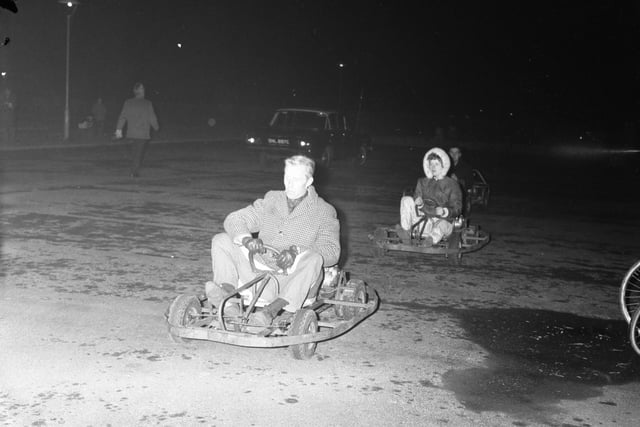 Go-karts speed round the temporary track on Seaburn car park in January, 1967.