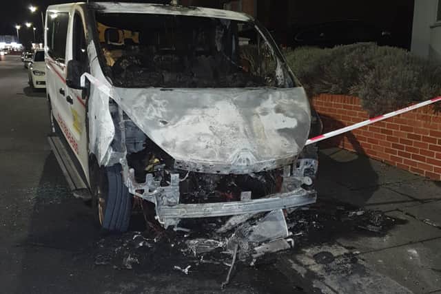 The burnt out taxi on Woodland Drive, Sunderland. Photo by Richard Hudson.