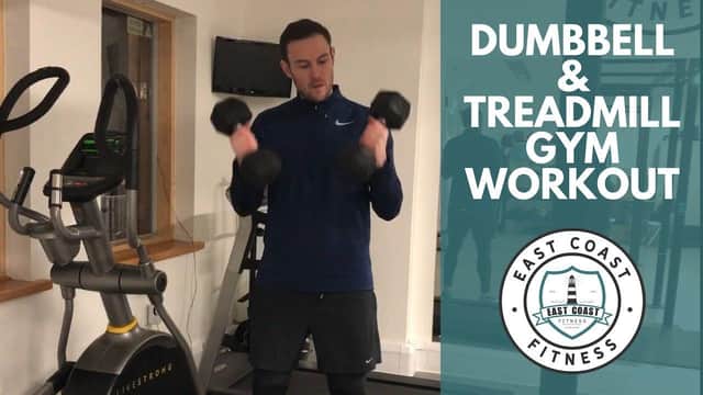 Graham Low doing his dumbbell and treadmill gym workout.