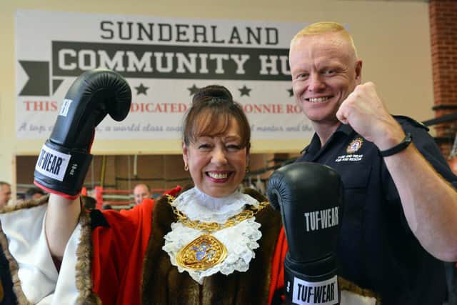 Launch of The Sunderland Community Hub in 2019, for boxing training and social skills to reduce anti-social behaviour. Mayor Lynda Scanlan with TWFRS Chief Fire Officer Chris Lowther.