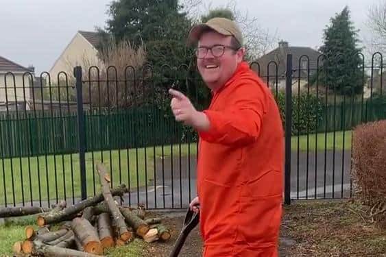 Year 6 teacher Andy Hunter breaks into a smile after pretending to be stern.