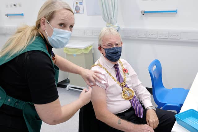 Sunderland Mayor, Cllr Harry Trueman, leads the way getting his Covid 19 booster jab at the City's Nightingale Vaccination Centre. 

Photograph: North News & Pictures Ltd
