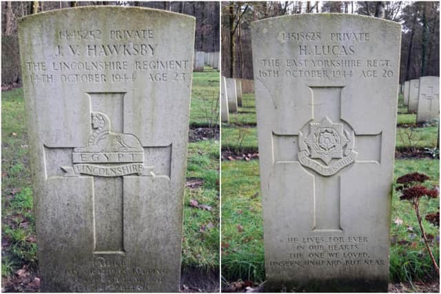 The graves of Private John Hawksby and Private Harold Lucas from Hartlepool in Overloon war cemetery in the Netherlands.