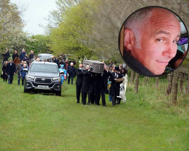 Scores of people turned out to celebrate the life of Darren Blyth at a woodland burial.