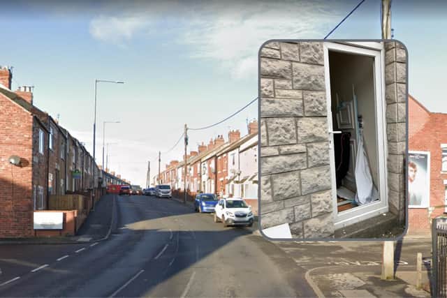 A photo shared of the door to the house in Gill Crescent South by Durham Constabulary following its raid. Main photo copyright Google.