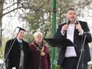 Rev Nathan Weaver from New Springs City Church addresses the crowd, watched by the Mayor Cllr Alison Smith and consort David Smith.