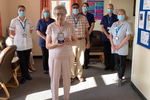 The 82-year-old South Shields woman was presented with the medal in recognition of her feat of having managed the condition successfully for 60 years.