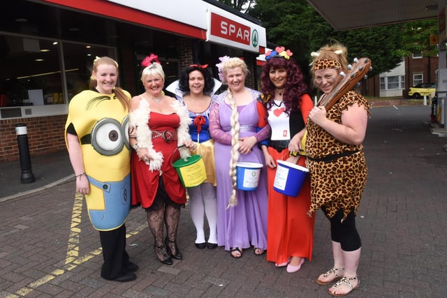 Staff at the Shell Spar garage donned fancy dress costume for charity 8 years ago. Pictured left to right are Laura Godfrey, Margaret Jackson, Emma Nichols, Jacqueline Richardson, Louise West and Gemma Redpath.