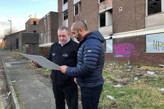 (l-r) Councillor Phil Tye, ward member for Silksworth, and Bal Singh, director of Almscliffe, at the ex-Farringdon Hall Police Station site.