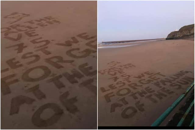 The striking VE Day message left in the sand at Roker beach. Photo by Keiron Dixon.