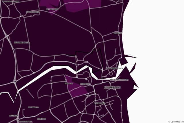 The most up-to-date map shows how areas across Sunderland are recording the highest levels of cases, which are signified by the purple shades.