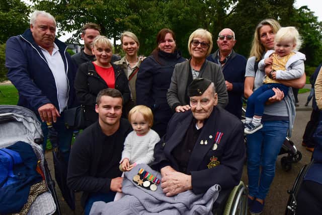 94-year-old RAF veteran Arthur Lambton Colquhoun of Fulwell, with four generations of his family.