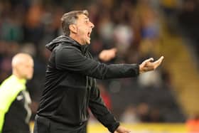 HULL, ENGLAND - SEPTEMBER 13:   Shota Arveladze manager of Hull City reacts during the Sky Bet Championship between Hull City and Stoke City at MKM Stadium on September 13, 2022 in Hull, United Kingdom. (Photo by Nigel Roddis/Getty Images)
