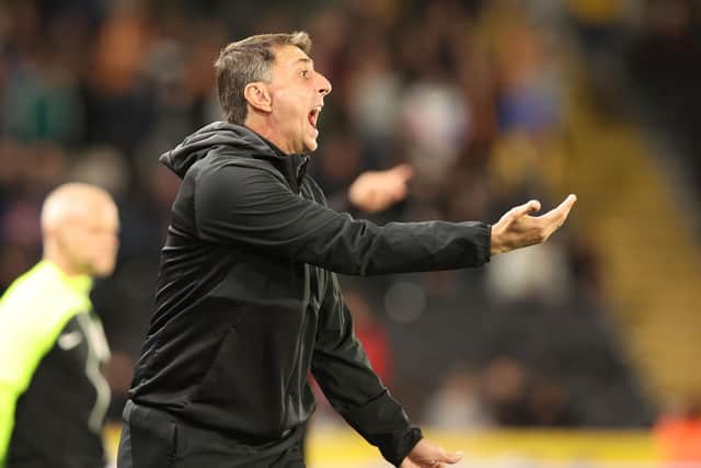 HULL, ENGLAND - SEPTEMBER 13: Shota Arveladze manager of Hull City reacts during the Sky Bet Championship between Hull City and Stoke City at MKM Stadium on September 13, 2022 in Hull, United Kingdom. (Photo by Nigel Roddis/Getty Images)