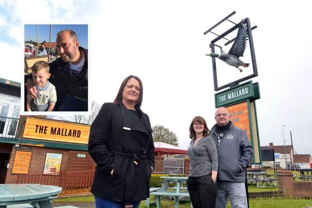 Organiser Jill Donnison with The Mallard licensees Gordon and Elaine Littlewood. Inset: Derek Allen with grandson Kaidyn