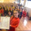Fulwell Junior School receives the Artsmark Platinum Award from Arts Council England. Jersey Ratcliffe, nine, and Theo Daniels, nine, with MP Julie Elliot and Mayor, Cllr Alison Smith.