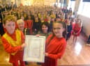 Fulwell Junior School receives the Artsmark Platinum Award from Arts Council England. Jersey Ratcliffe, nine, and Theo Daniels, nine, with MP Julie Elliot and Mayor, Cllr Alison Smith.