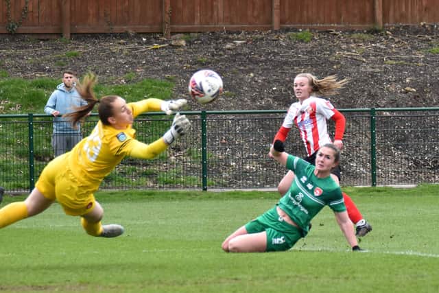 Jess Brown is denied by the goalkeeper. Picture by Chris Fryatt.