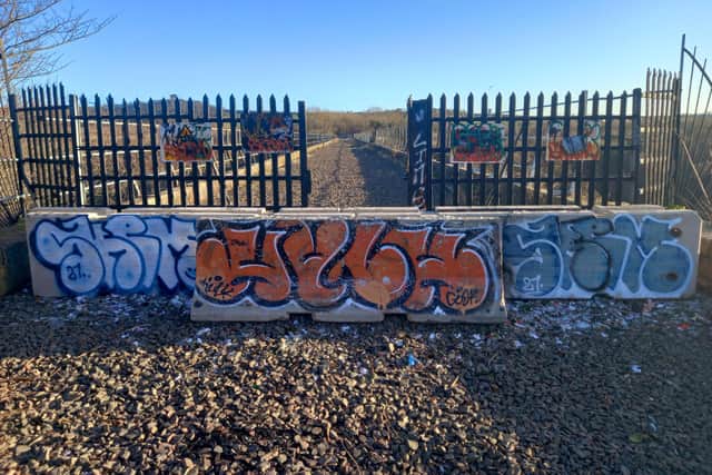 The gate at the Leamside Line in 2021, when it had been forced open. Since this picture was taken the gate has been secured and coated in vandal-proof paint.