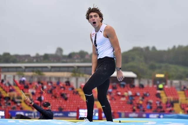 Sweden's Armand Duplantis reacts a he competes in the men's pole vault final during the Diamond League athletics meeting at Gateshead International Stadium in Gateshead.