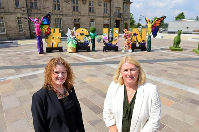 Sunderland City Council Cllr Linda Williams with Sunderland BID CE Sharon Appleby (R) at Keel Square #SUN letters as part of the Enchanted Garden Trails.