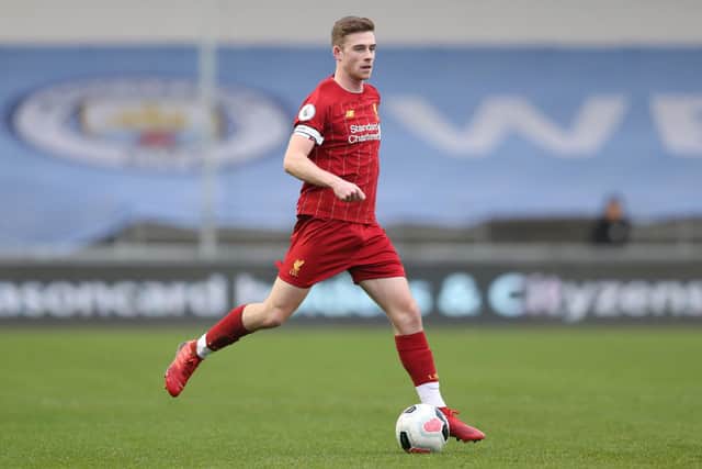 Tony Gallacher of Liverpool FC on the ball during Manchester City v Liverpool FC U23's at The Academy Stadium on January 05, 2020 in Manchester, England.