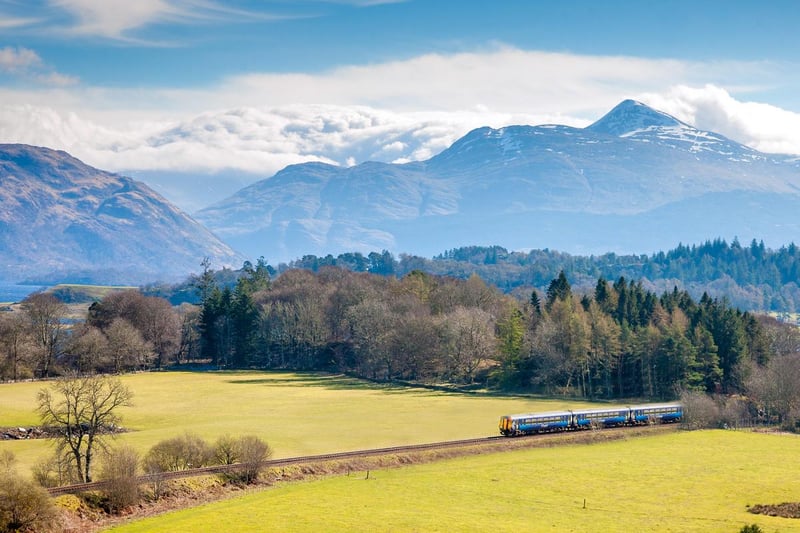 A Scotrail super sprinter train on the Glagsow to Oban line with Ben Cruachan in the background.
