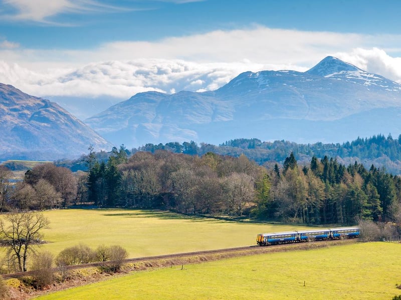 A Scotrail super sprinter train on the Glagsow to Oban line with Ben Cruachan in the background.