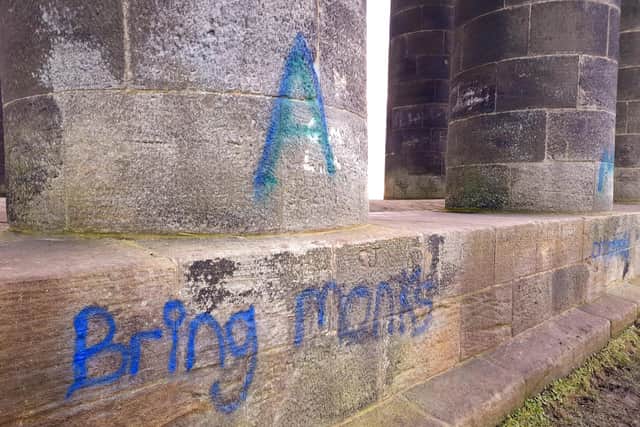 Vandals have sprayed either an A or M on 12 of the monuments pillars.